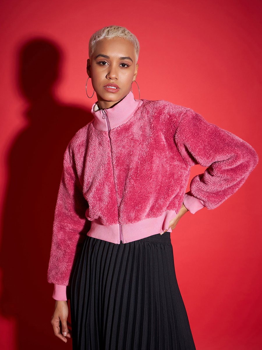 Faux Fur High Neck Crop Bomber Jacket