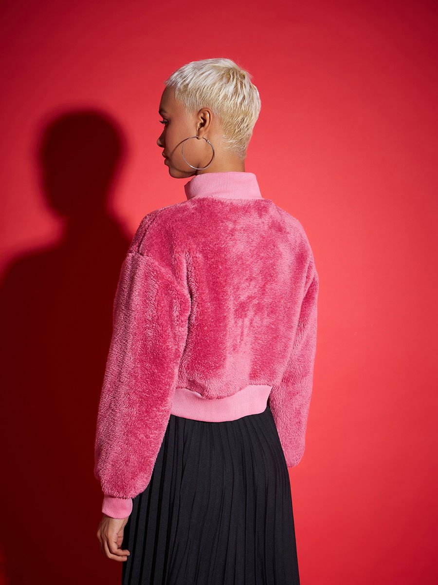 Faux Fur High Neck Crop Bomber Jacket