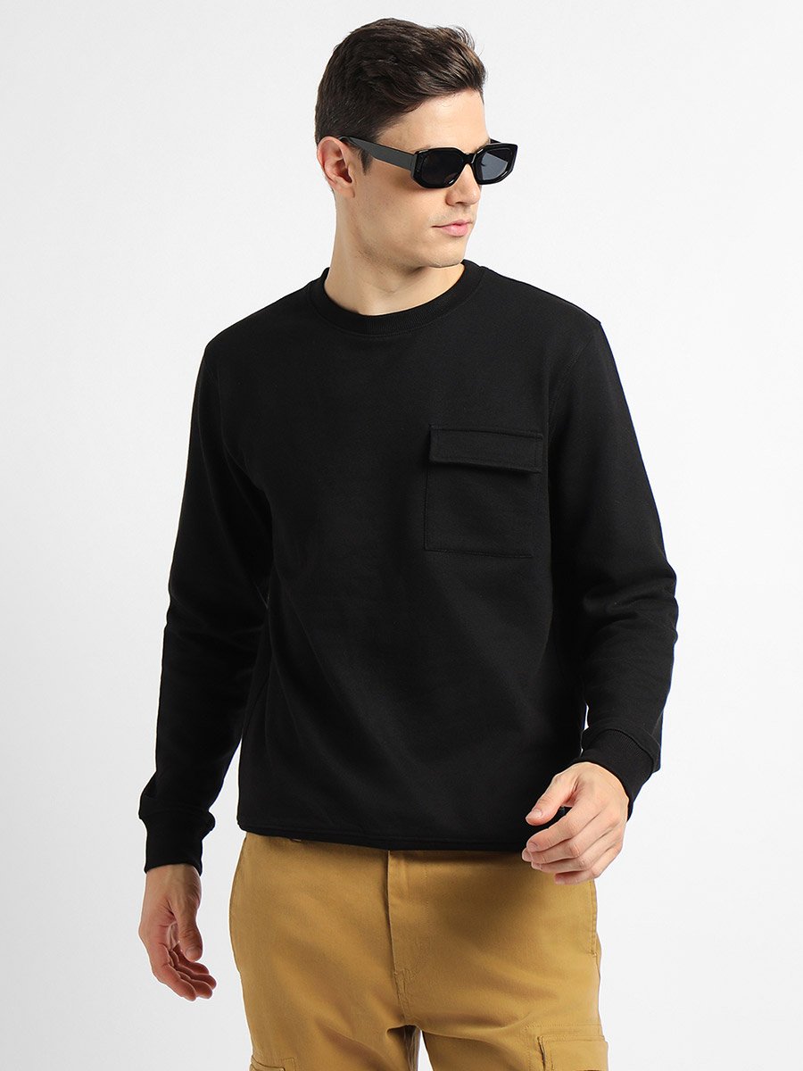 Mock Neck Regular Fit Solid Patch Pocket Sweatshirt