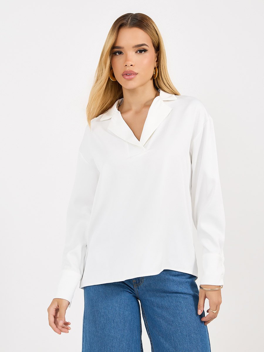 Notch Lapel Collar Top with Long Sleeves