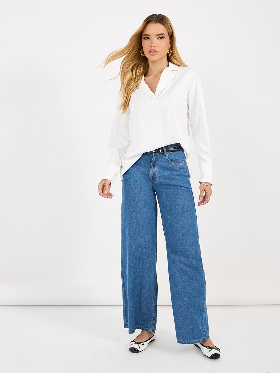 Notch Lapel Collar Top with Long Sleeves