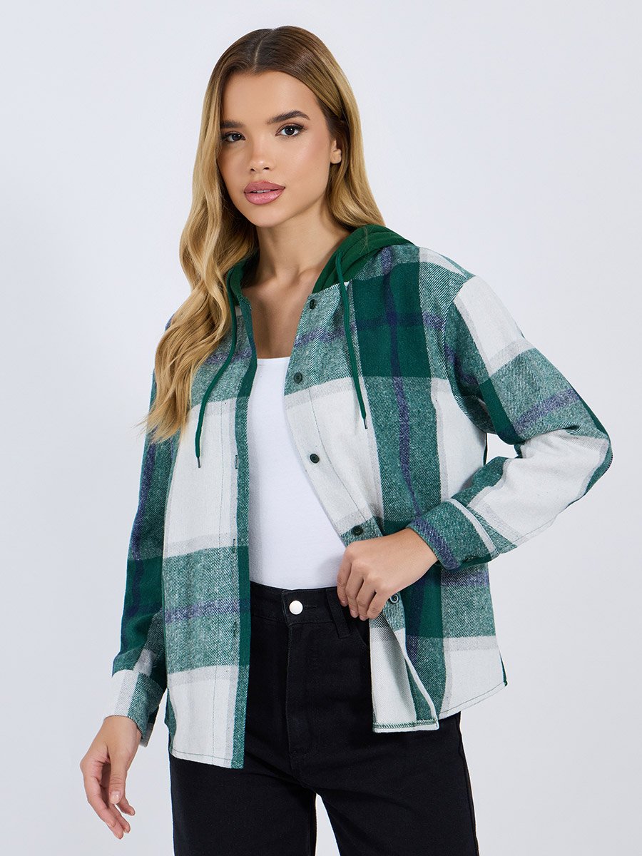 Checked Oversized Hooded Knit Shirt 