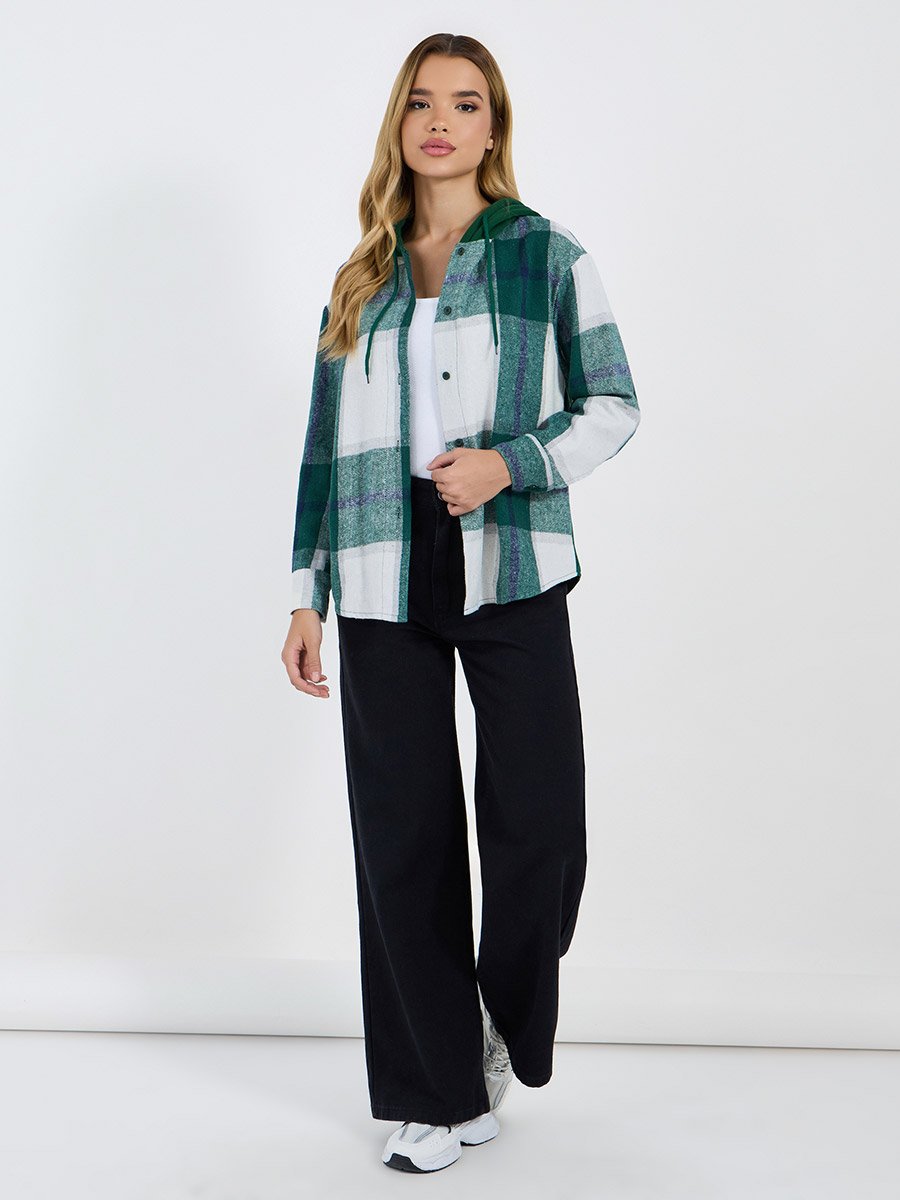 Checked Oversized Hooded Knit Shirt 