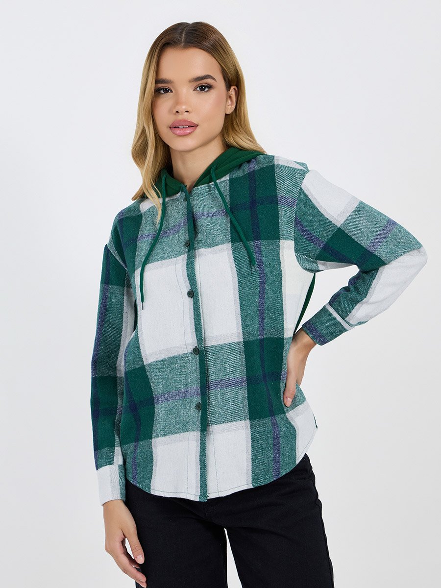 Checked Oversized Hooded Knit Shirt 