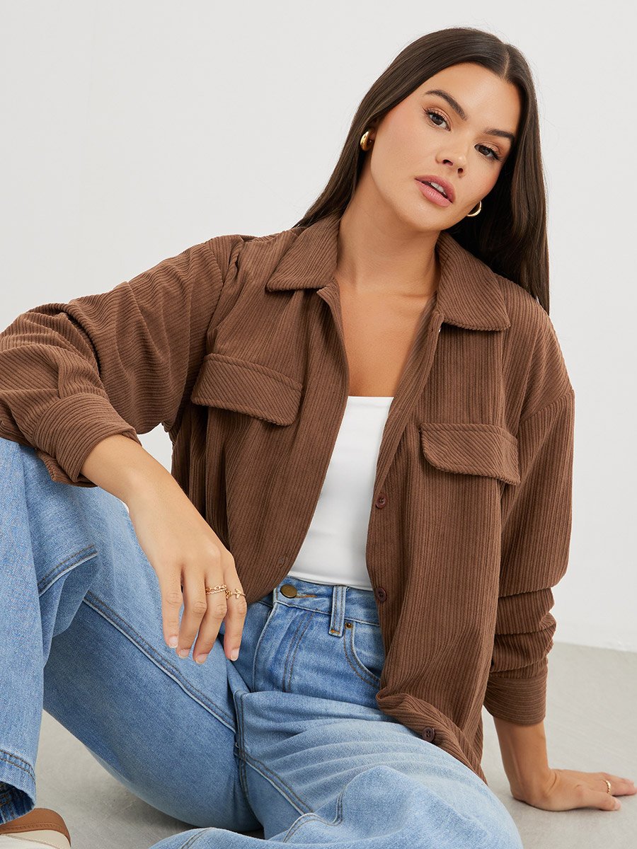 Brown Corduroy Long Sleeve Oversized Shirt