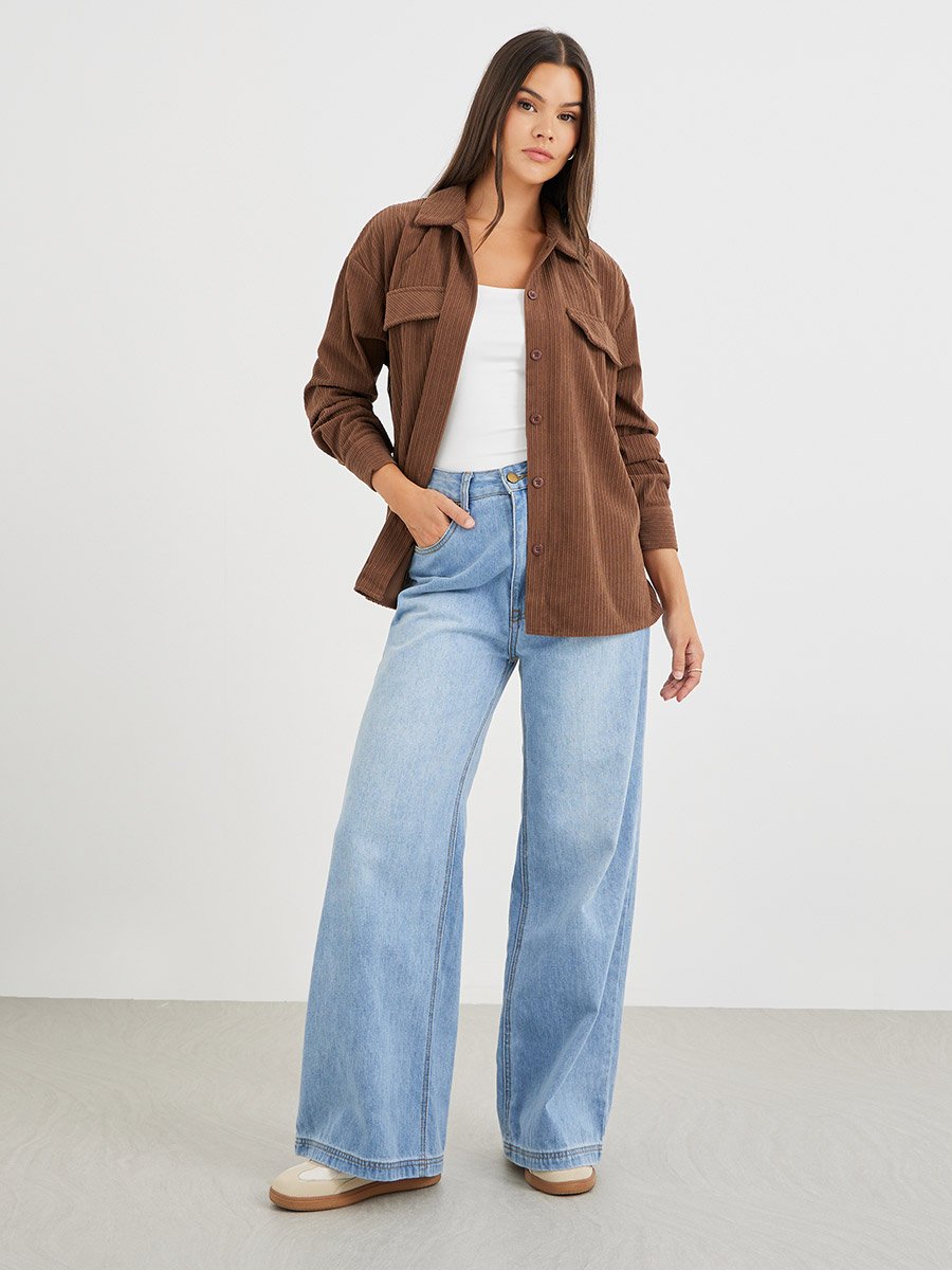 Brown Corduroy Long Sleeve Oversized Shirt