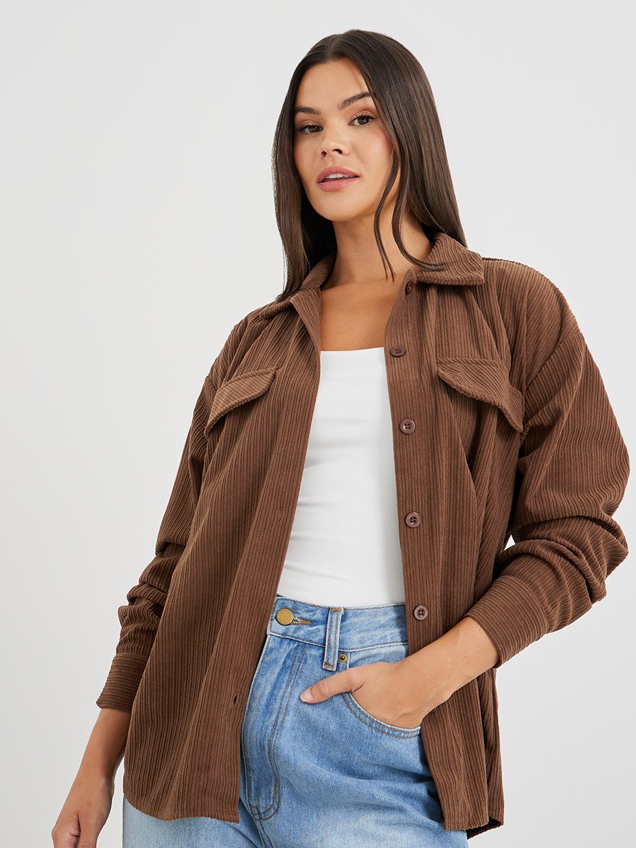 Brown Corduroy Long Sleeve Oversized Shirt