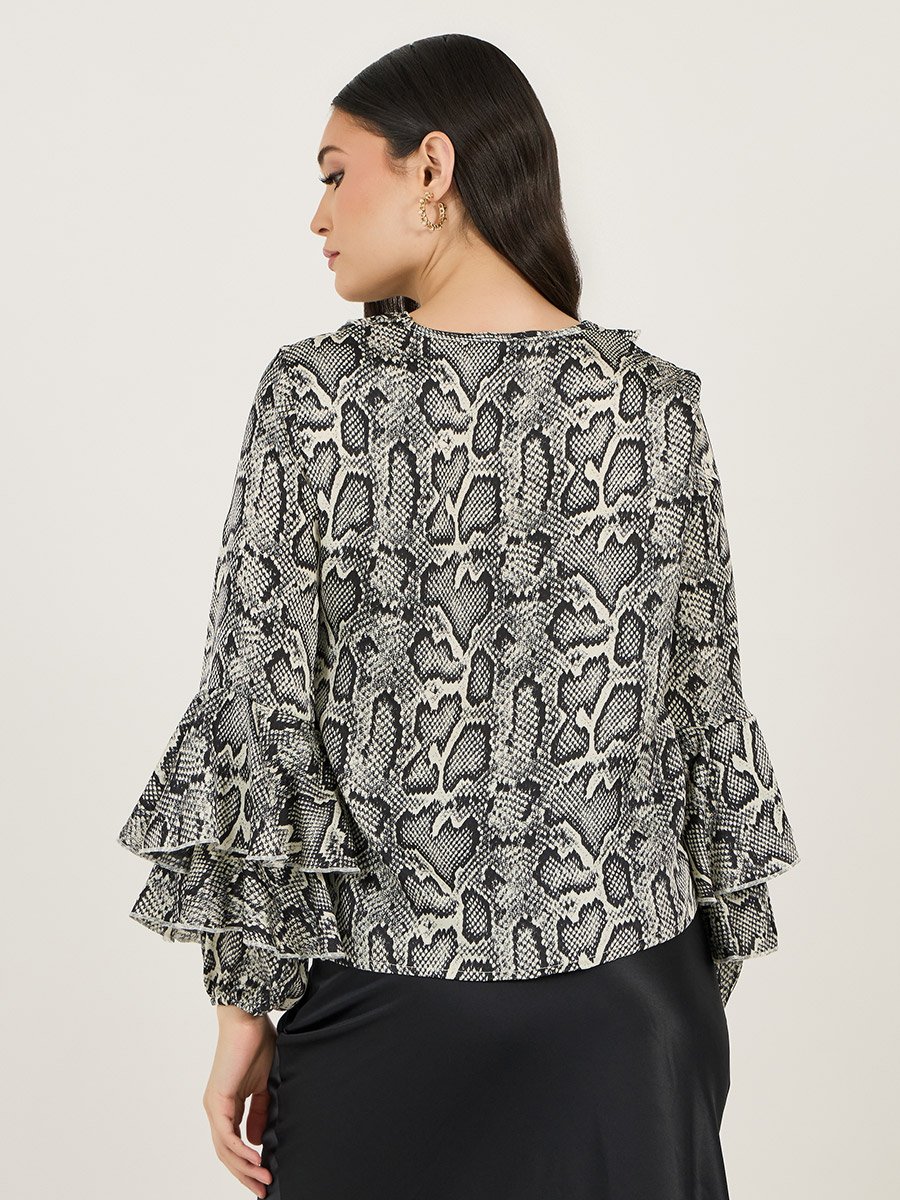 Animal Print Flared Sleeves Top with Ruffle Details