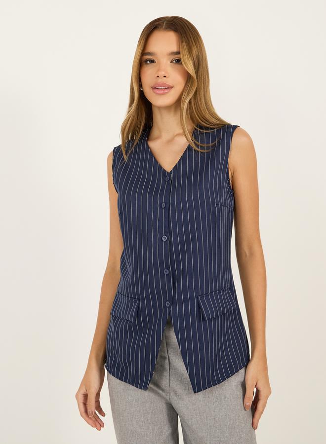Striped Longline Button Through V Neck Waistcoat