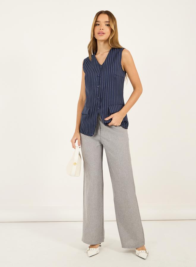 Striped Longline Button Through V Neck Waistcoat