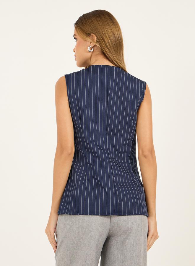 Striped Longline Button Through V Neck Waistcoat