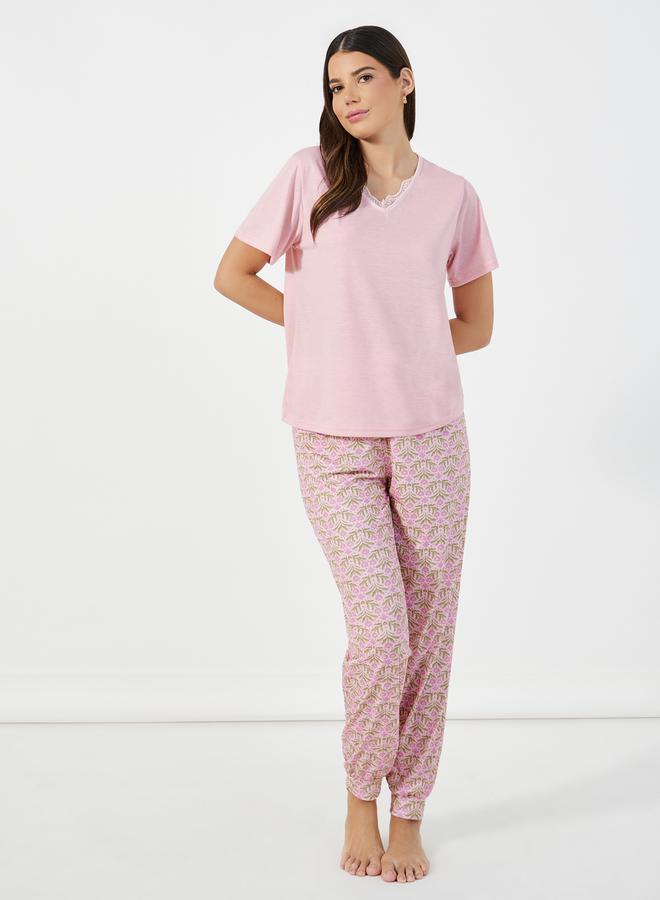 V Neck Scallop Floral Lace Trim T-Shirt and Floral Print Cuffed Pyjama Set