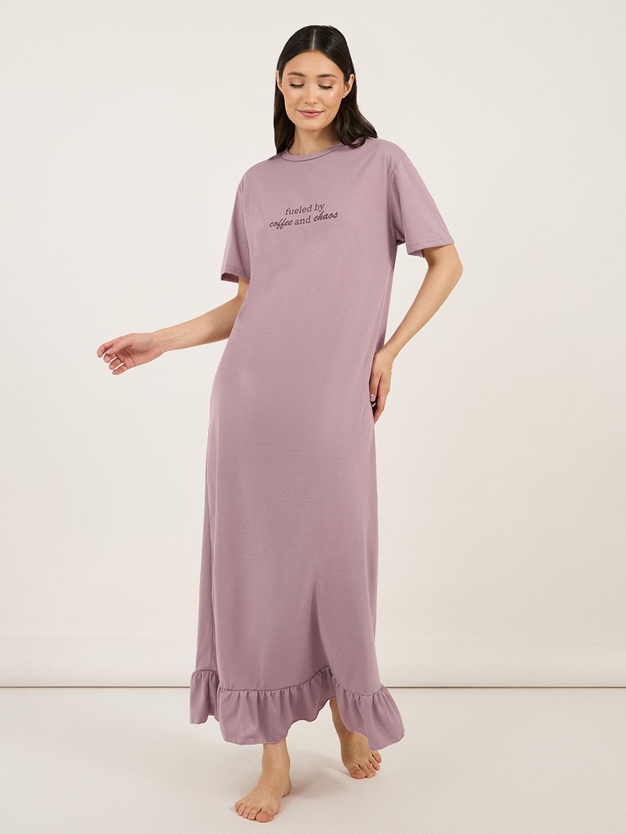 Slogan Print Ruffle Hem Sleep T-Shirt Dress