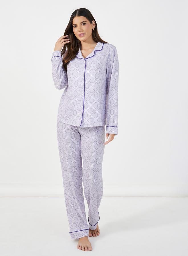 All-Over Abstract Print Piped Trim Detail Shirt and Pyjama Set