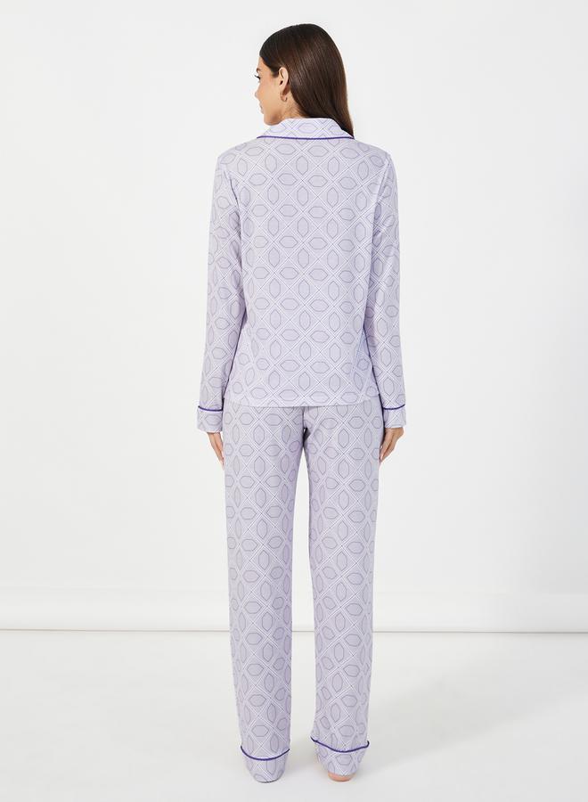All-Over Abstract Print Piped Trim Detail Shirt and Pyjama Set