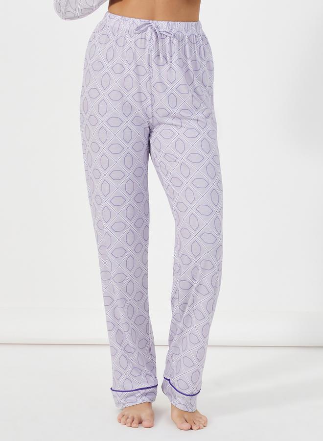 All-Over Abstract Print Piped Trim Detail Shirt and Pyjama Set
