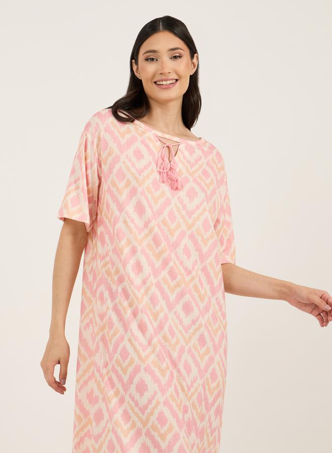 Tie-Up Tassel Detail Neck Aztec Print Sleep T-Shirt Dress