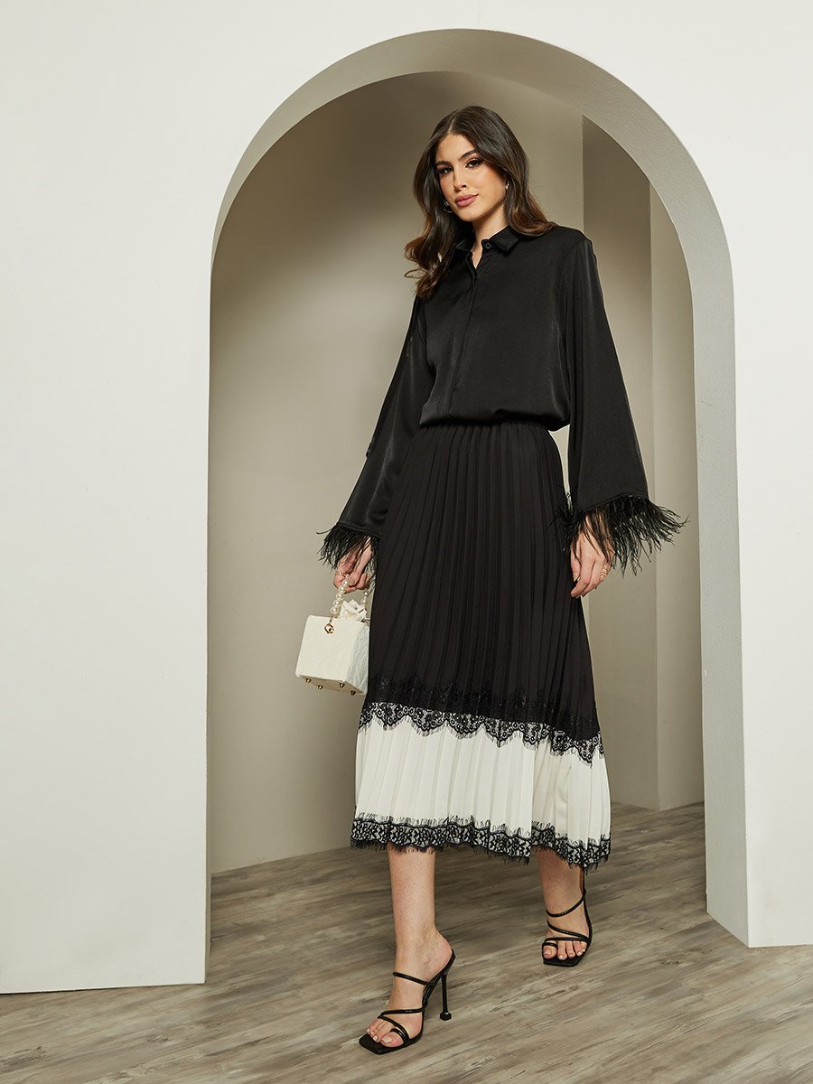 Color Block Pleated A-Line Midi Skirt with Lace Trim