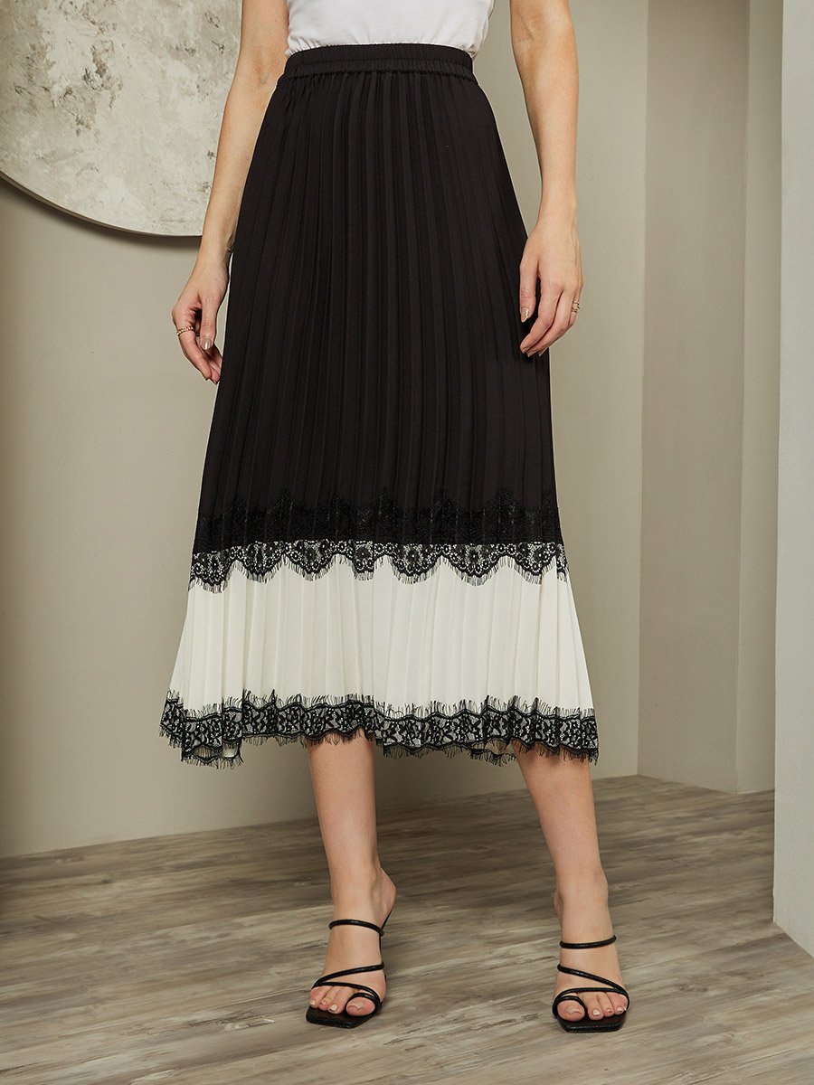 Color Block Pleated A-Line Midi Skirt with Lace Trim