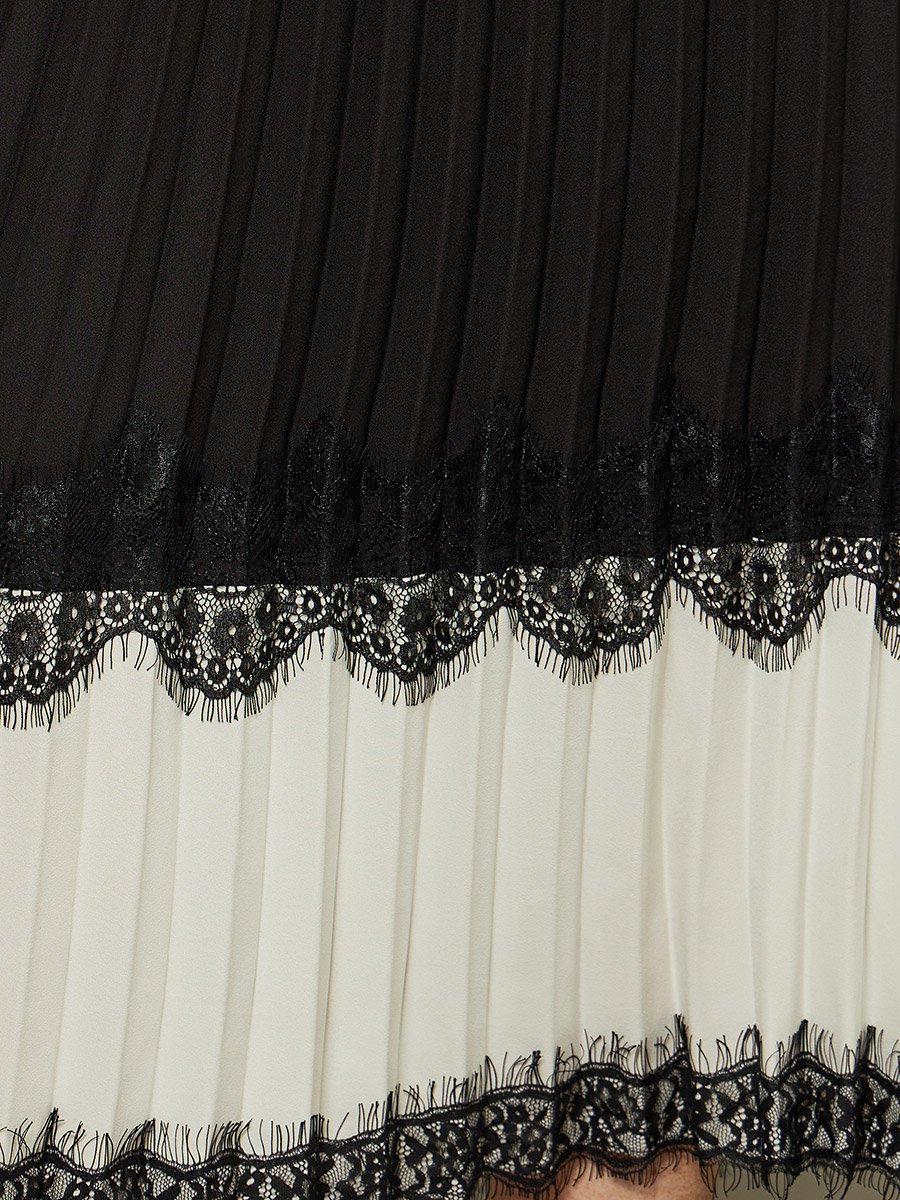 Color Block Pleated A-Line Midi Skirt with Lace Trim