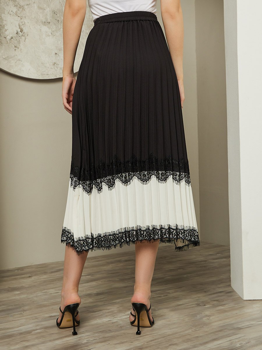 Color Block Pleated A-Line Midi Skirt with Lace Trim