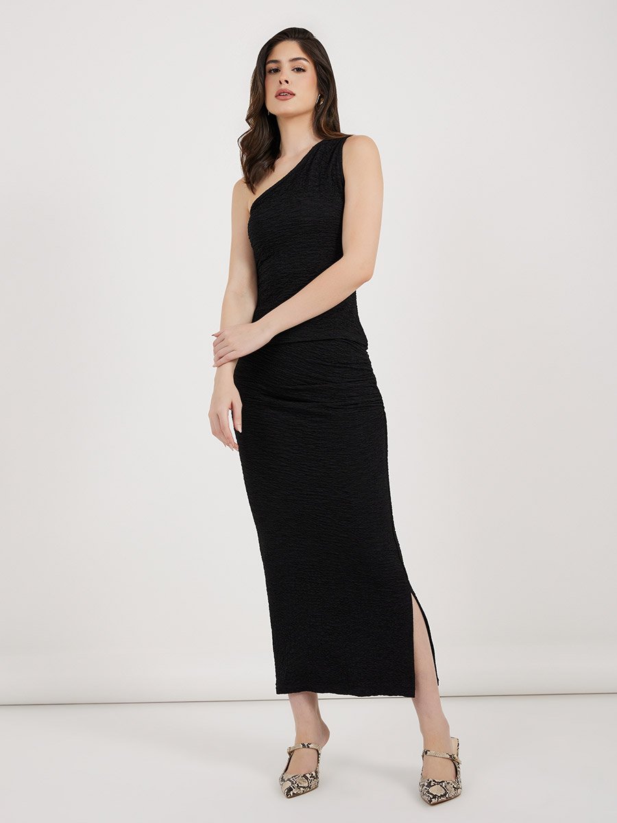 Textured Knit Bodycon Maxi Skirt with Gathered Detail