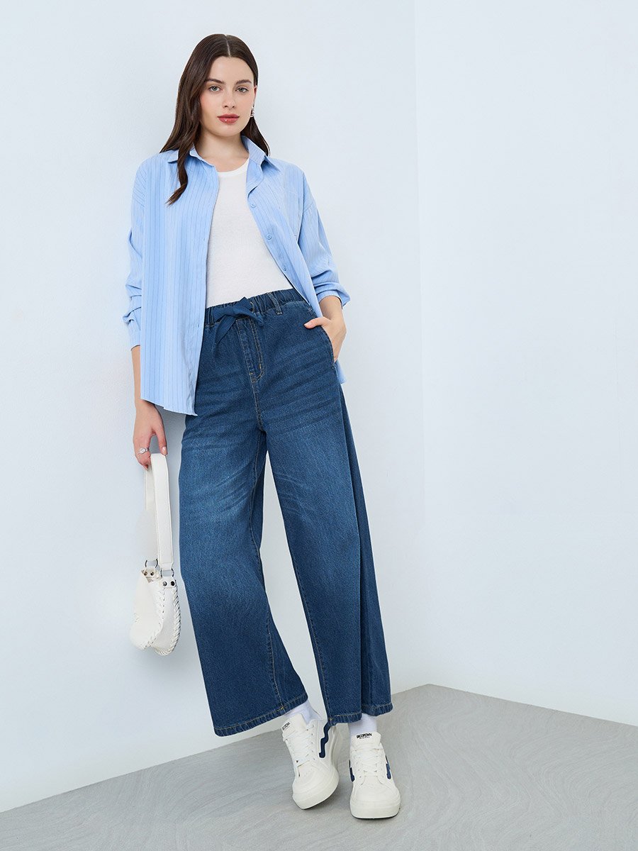 Mid Rise Elasticated Waistband Wide Leg Jeans