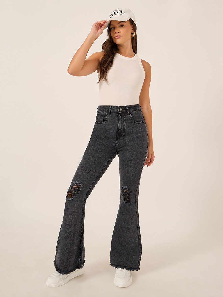 High Rise Distressed Bootcut Pants with Frayed Hem