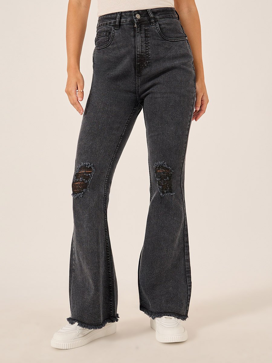 High Rise Distressed Bootcut Pants with Frayed Hem