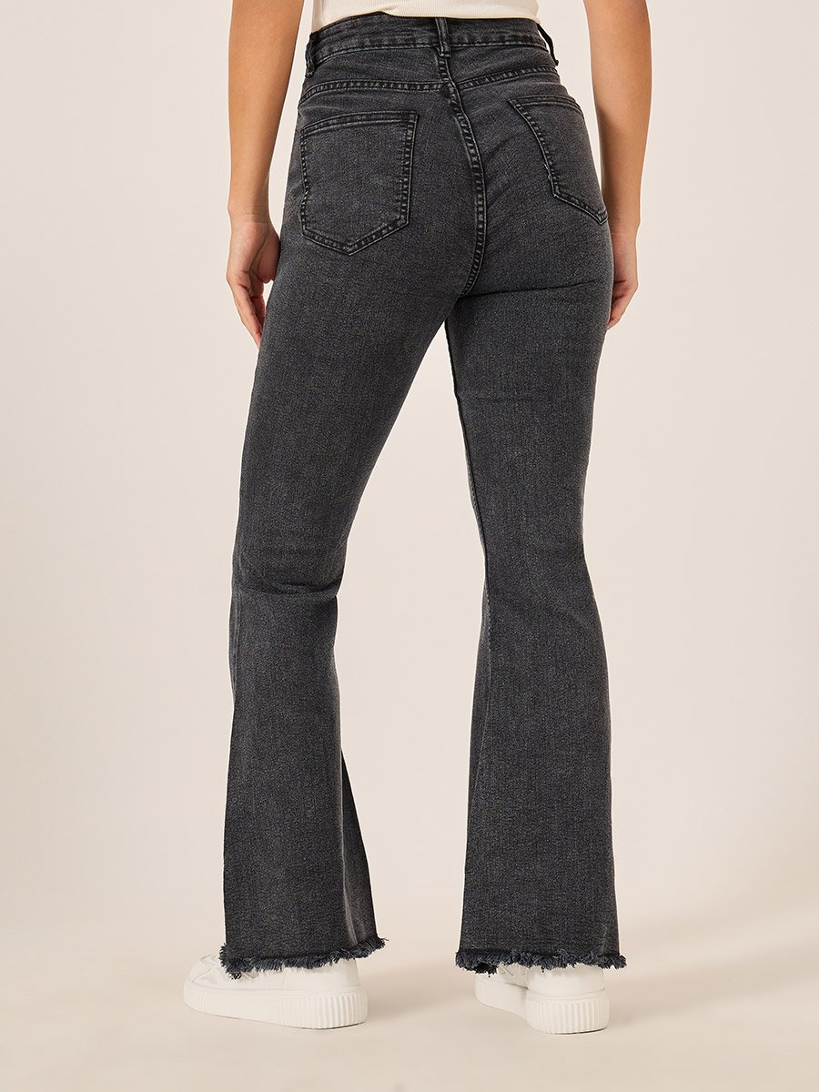 High Rise Distressed Bootcut Pants with Frayed Hem