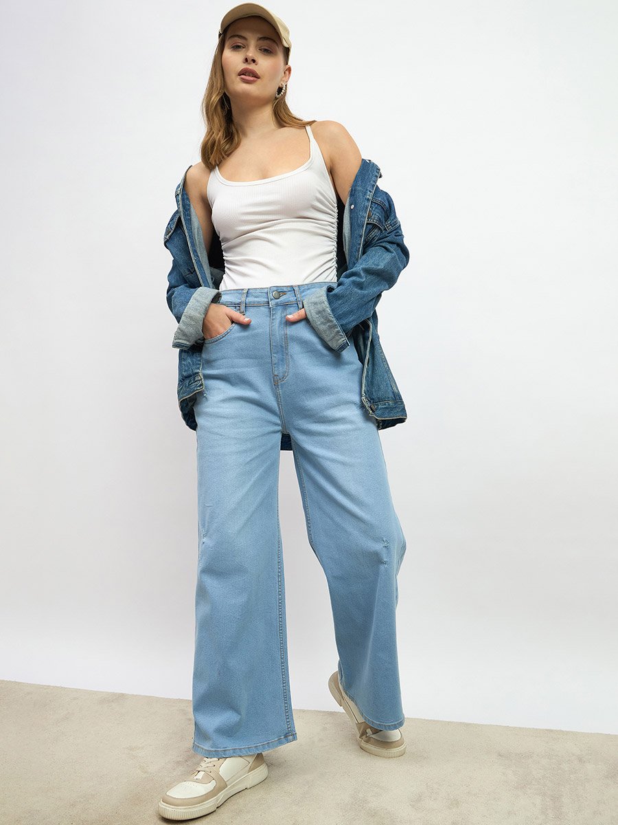 Mid Rise Wide Leg Faded Jeans