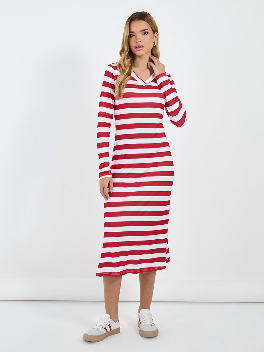 Striped Long Sleeves T-Shirt Midi Dress