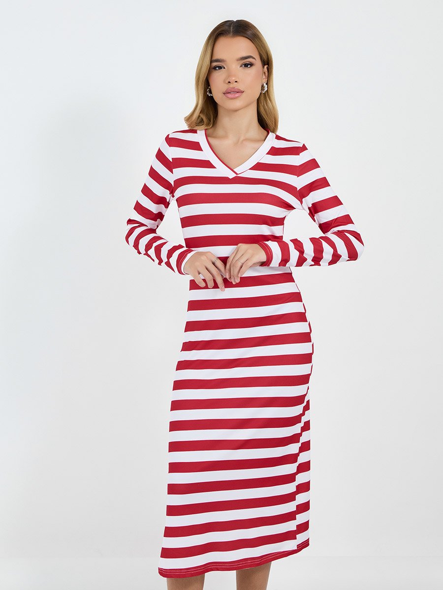 Striped Long Sleeves T-Shirt Midi Dress