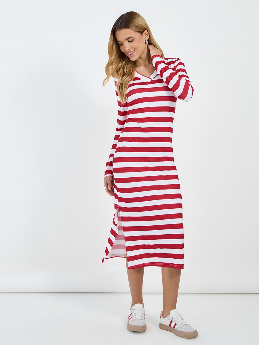 Striped Long Sleeves T-Shirt Midi Dress