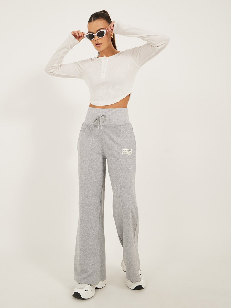 Badge Detail Wide Leg Joggers with Side Slit