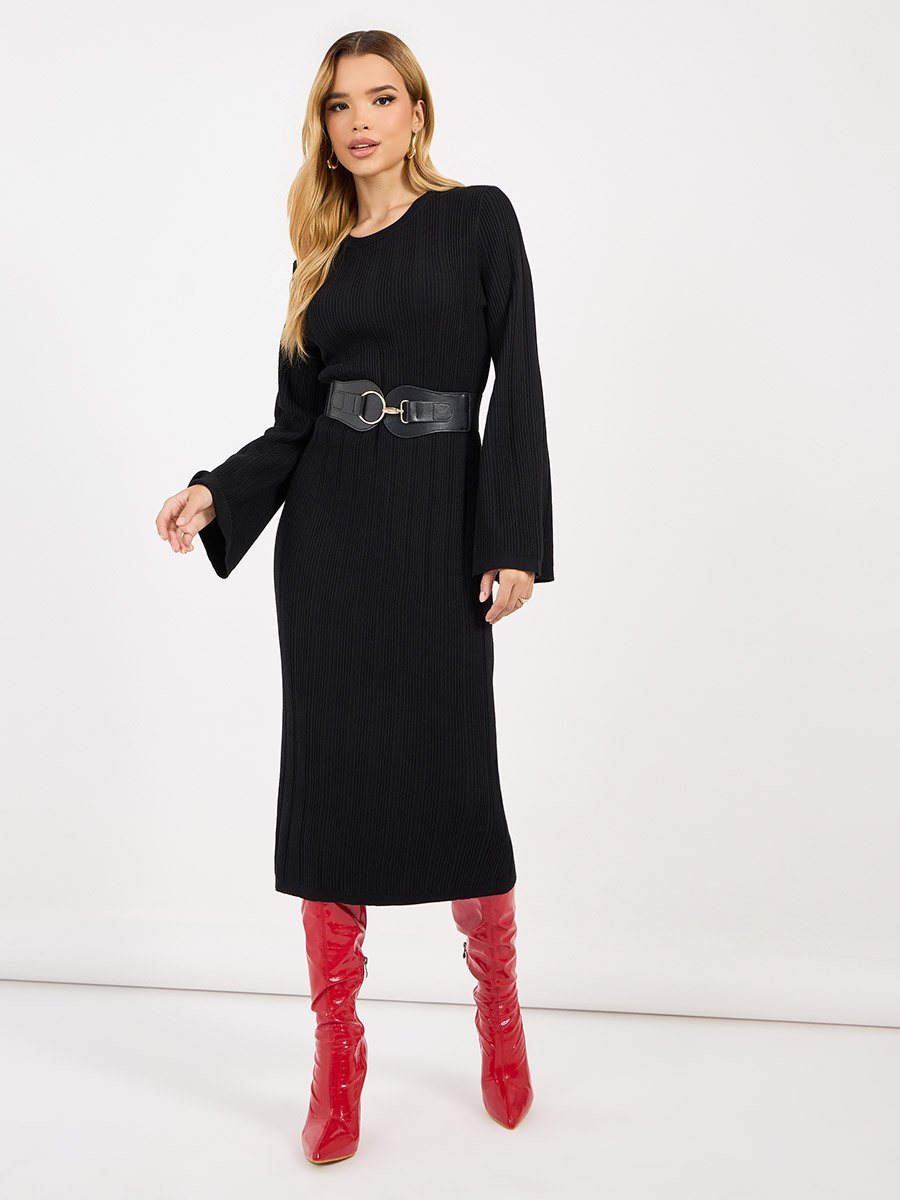 Textured Knit Round Neck Sheath Midi Dress