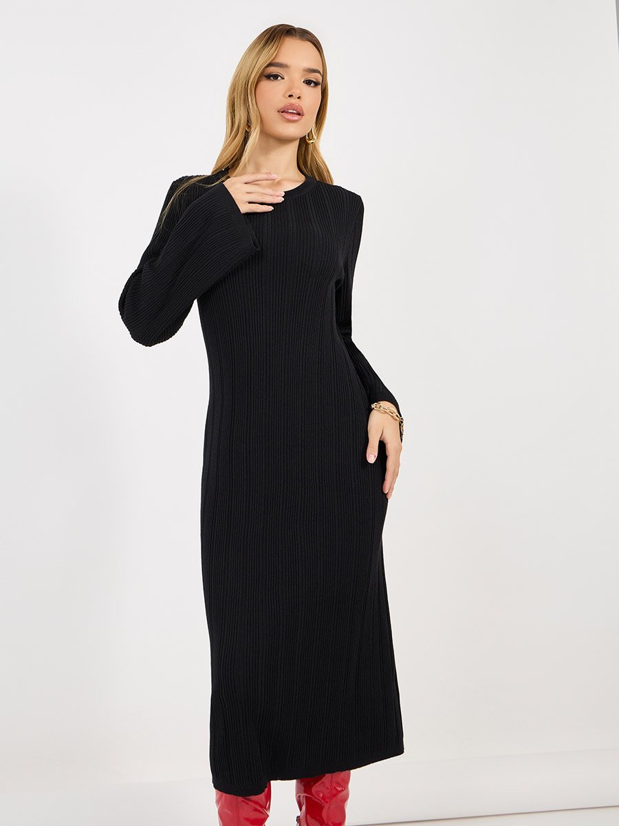 Textured Knit Round Neck Sheath Midi Dress