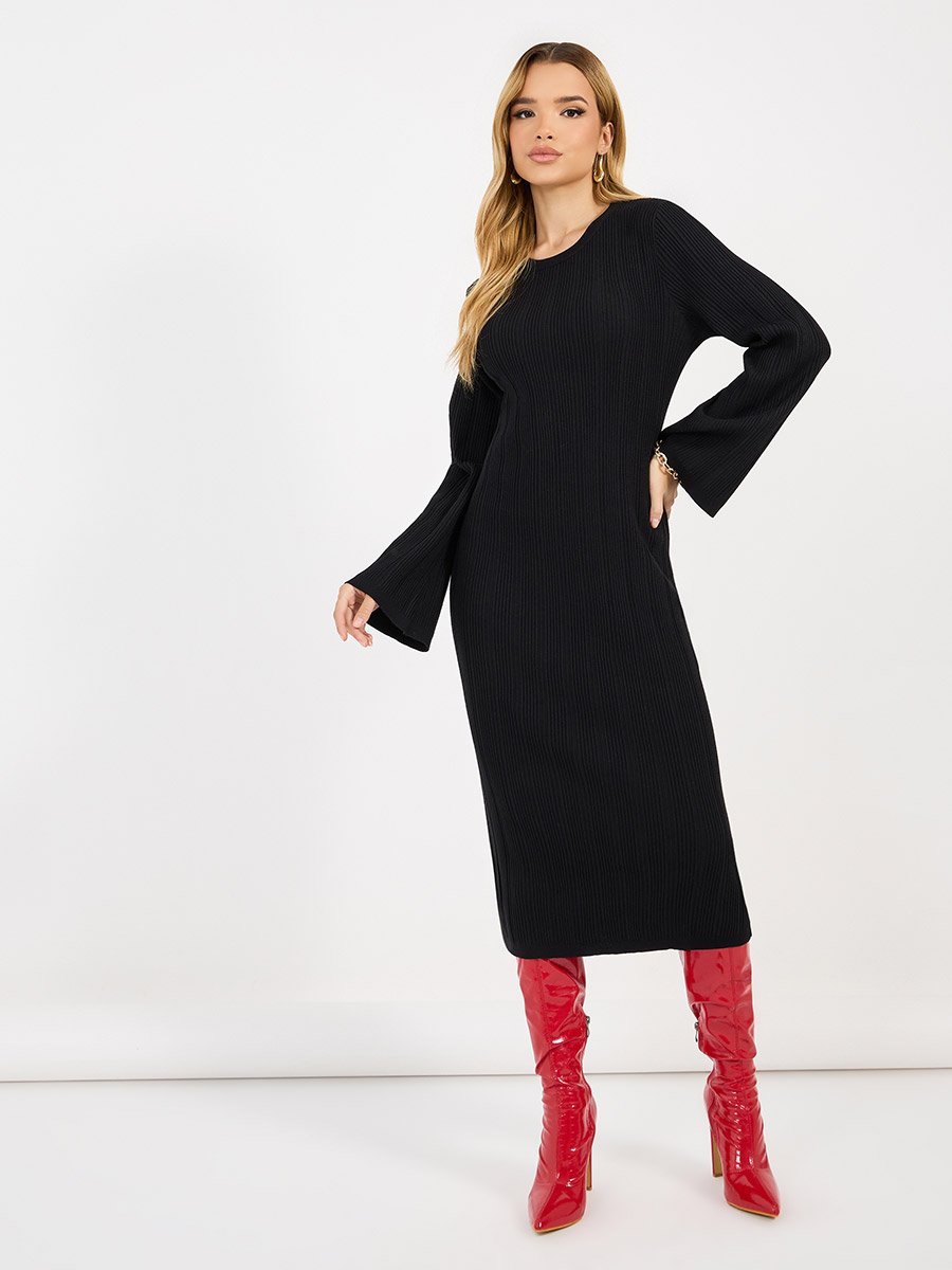 Textured Knit Round Neck Sheath Midi Dress