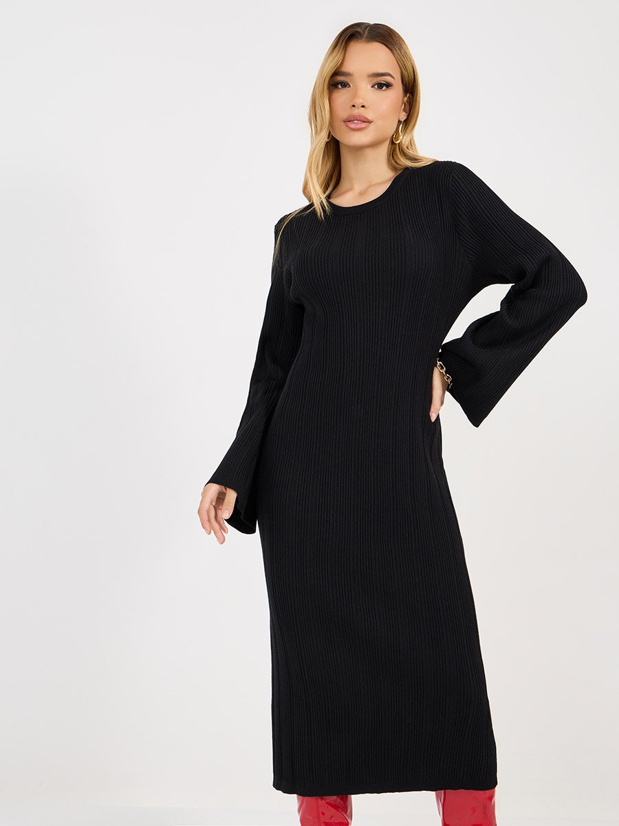 Textured Knit Round Neck Sheath Midi Dress