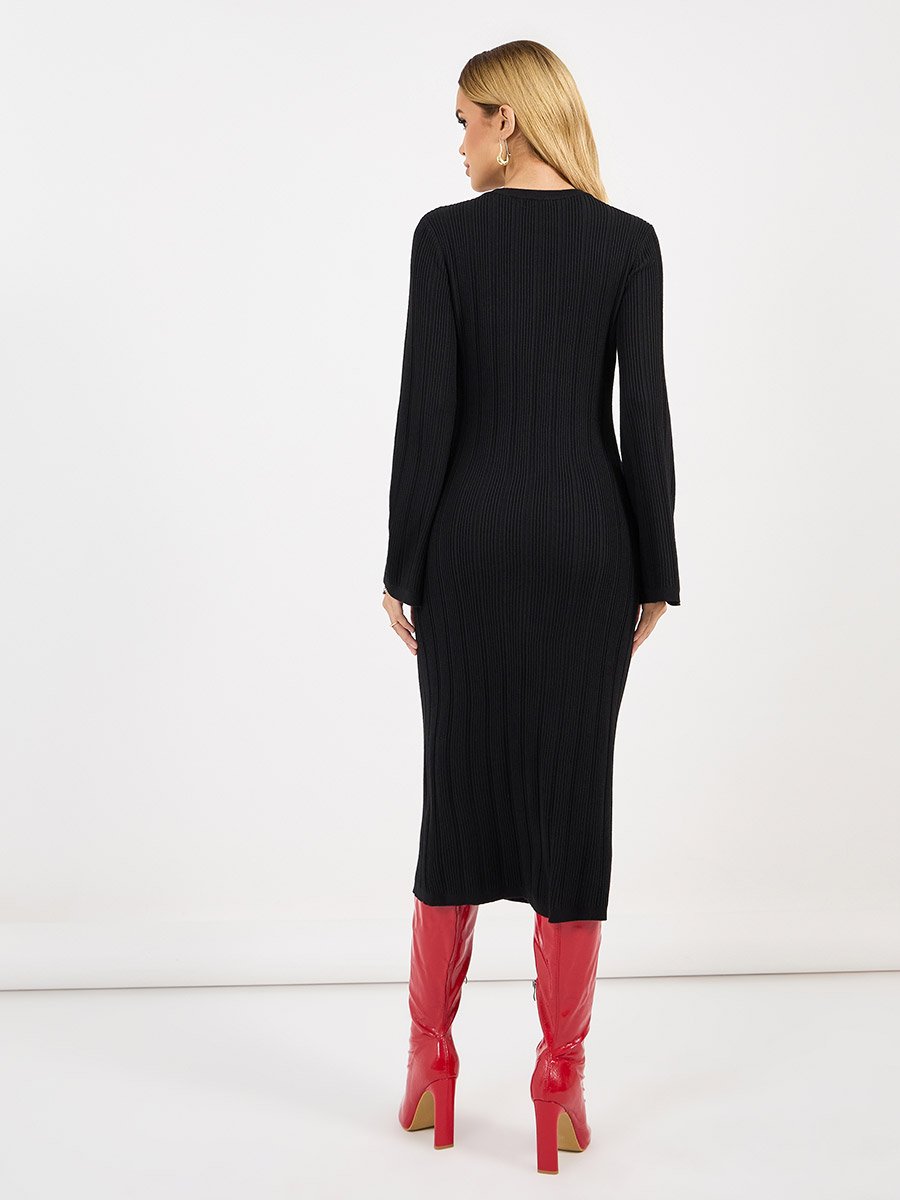 Textured Knit Round Neck Sheath Midi Dress