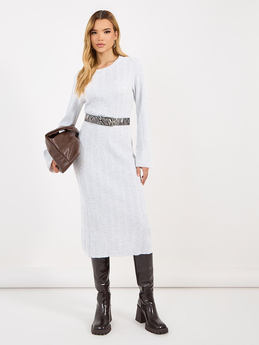 Textured Knit Round Neck Sheath Midi Dress