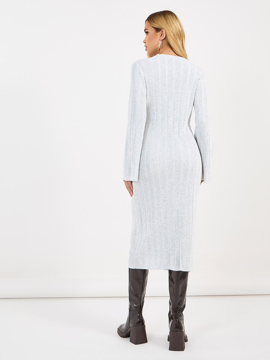 Textured Knit Round Neck Sheath Midi Dress