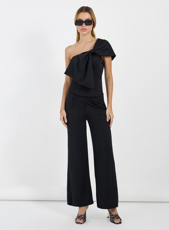 Bow Design One Shoulder Knit Top and Wide Leg Pants Co-Ords