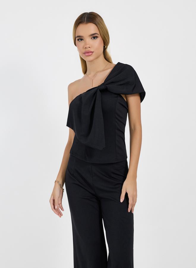 Bow Design One Shoulder Knit Top and Wide Leg Pants Co-Ords