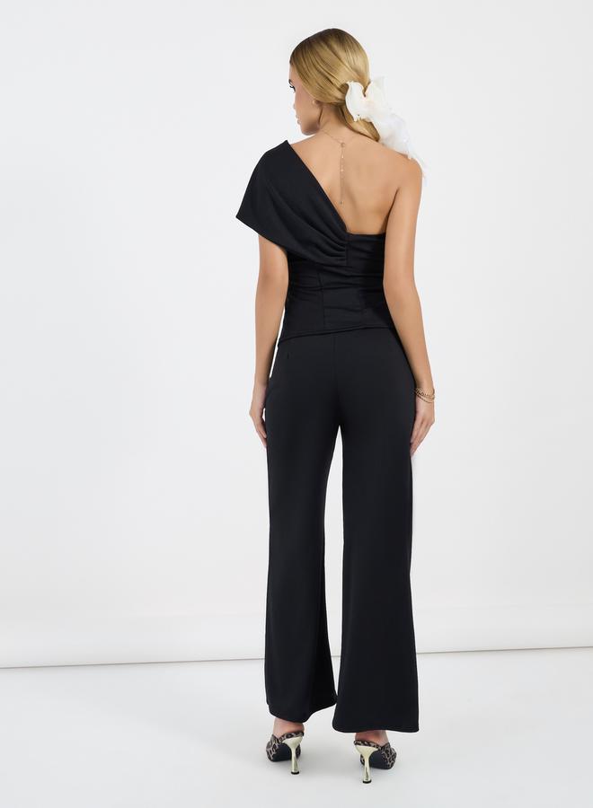 Bow Design One Shoulder Knit Top and Wide Leg Pants Co-Ords
