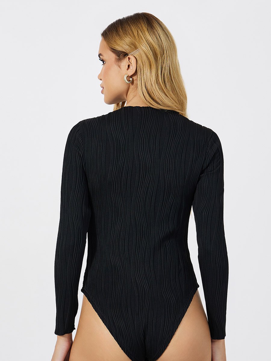 Textured Round Neck Long Sleeved Bodysuit