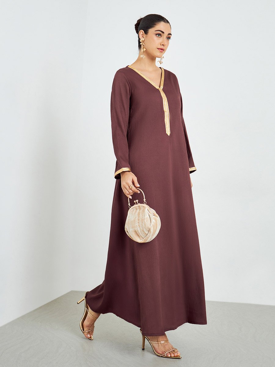 Brown Textured Jalabiya with Lace Trim