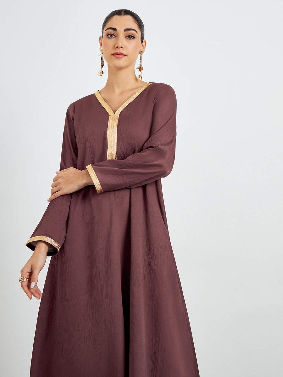 Brown Textured Jalabiya with Lace Trim