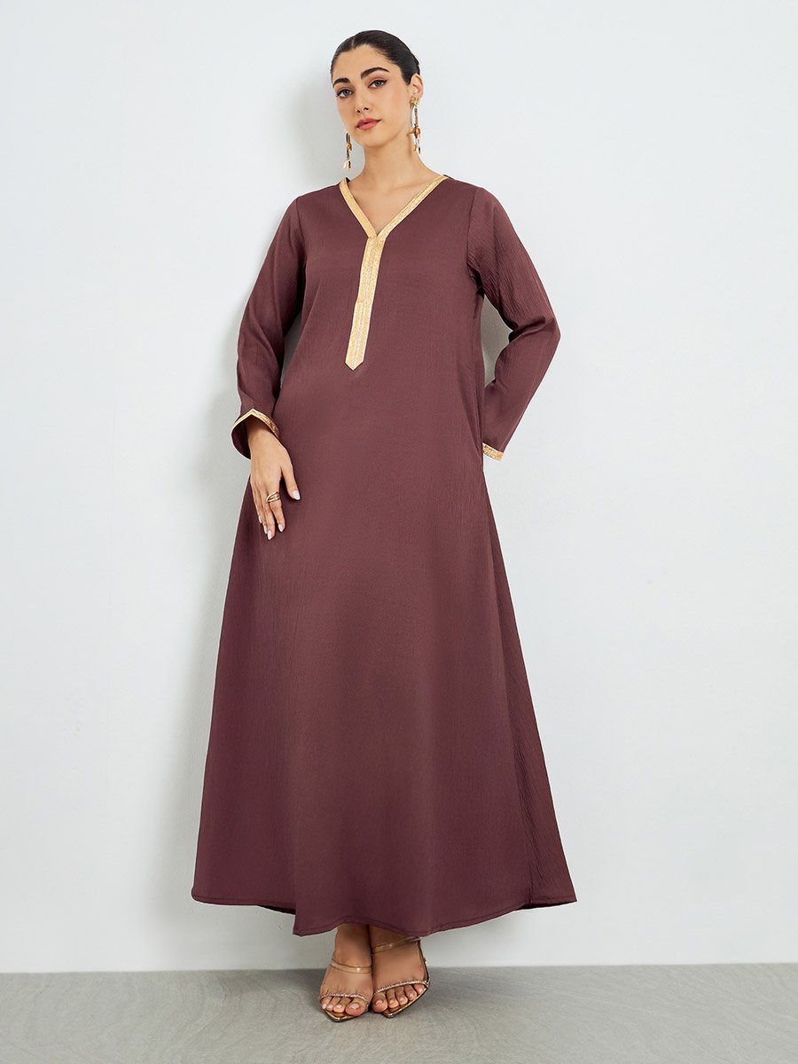 Brown Textured Jalabiya with Lace Trim