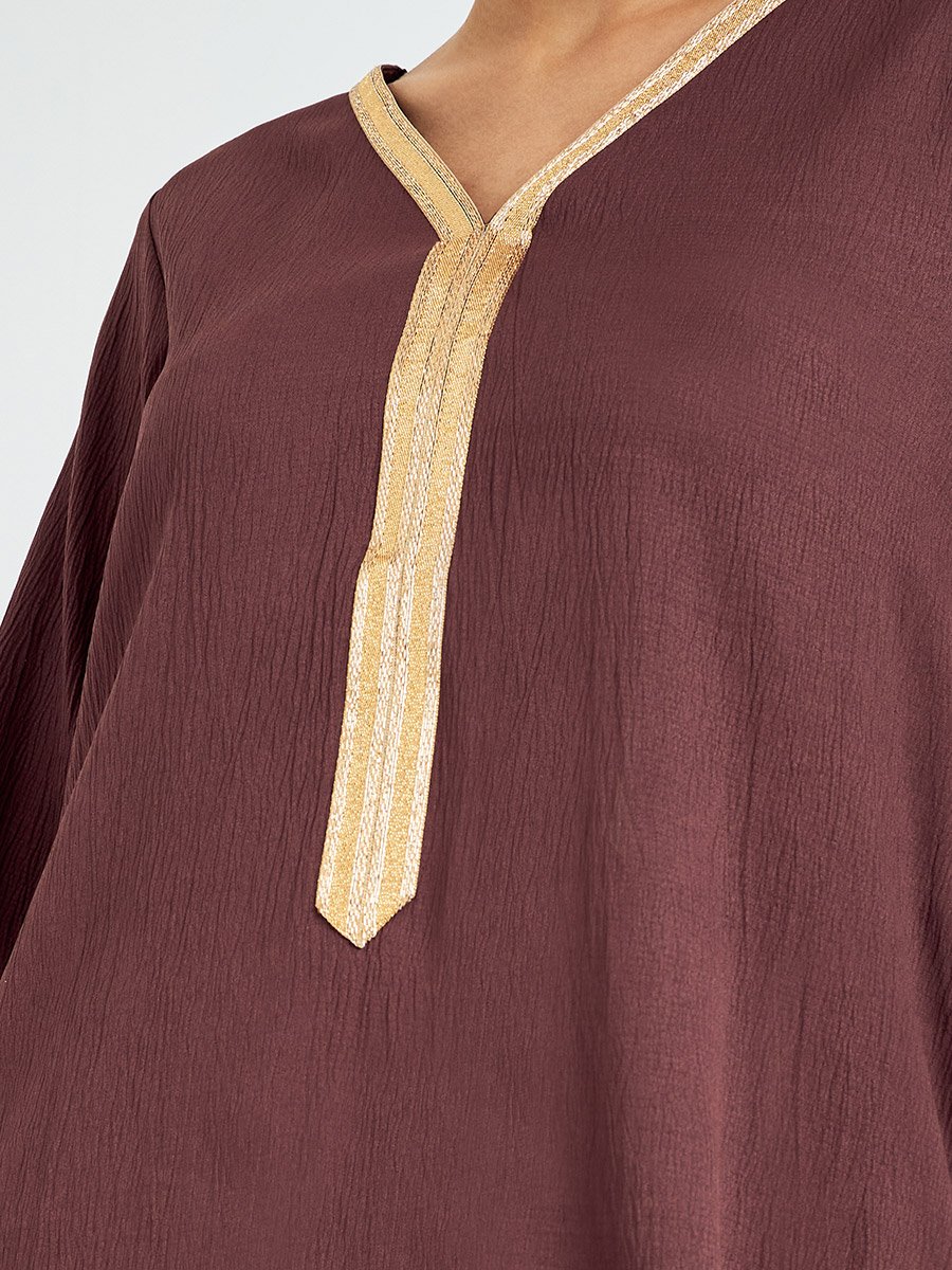 Brown Textured Jalabiya with Lace Trim